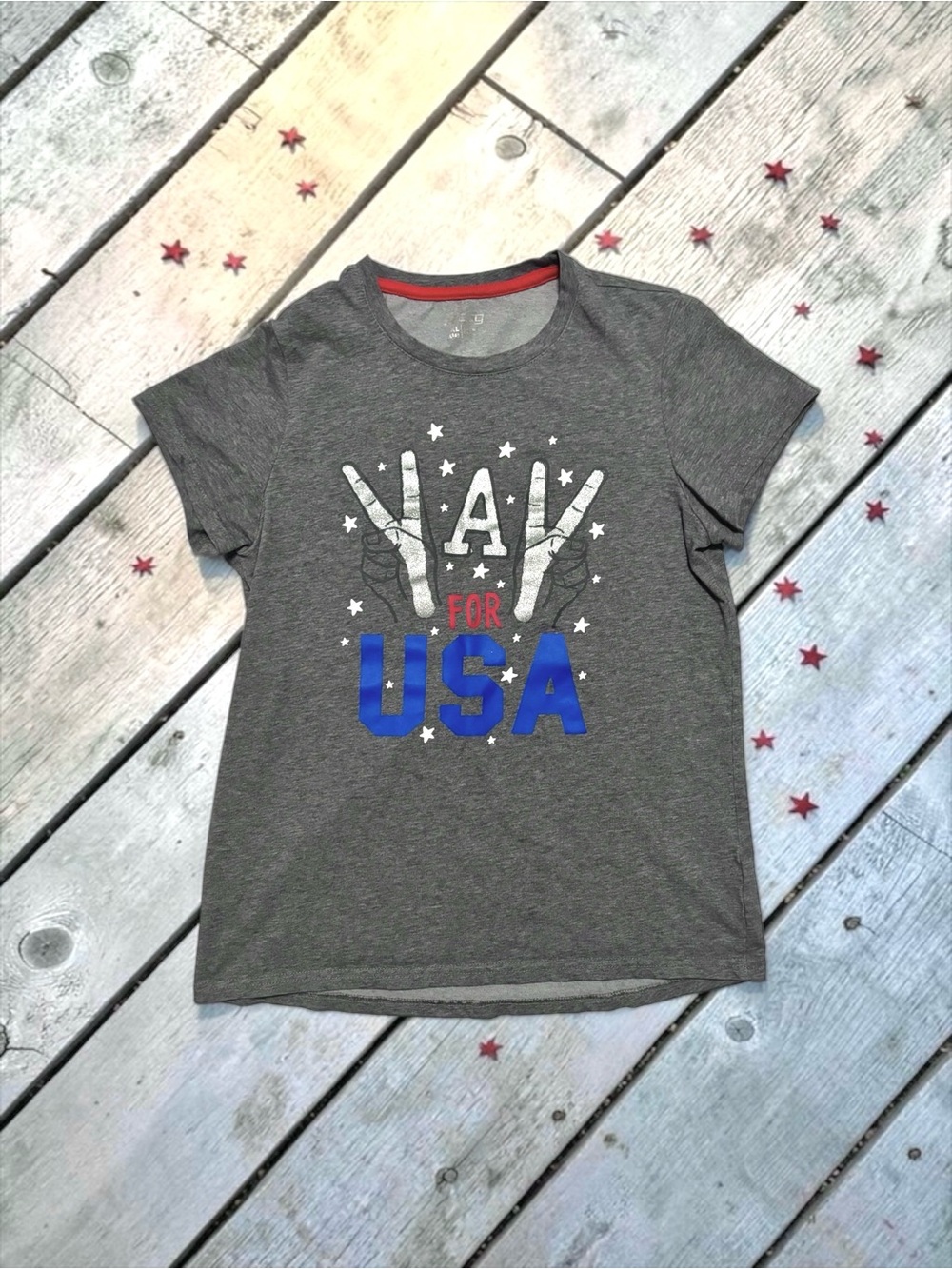 BCG Girls XL (16) “YAY FOR USA” Glitter Athletic Tee – Dark Gray EUC